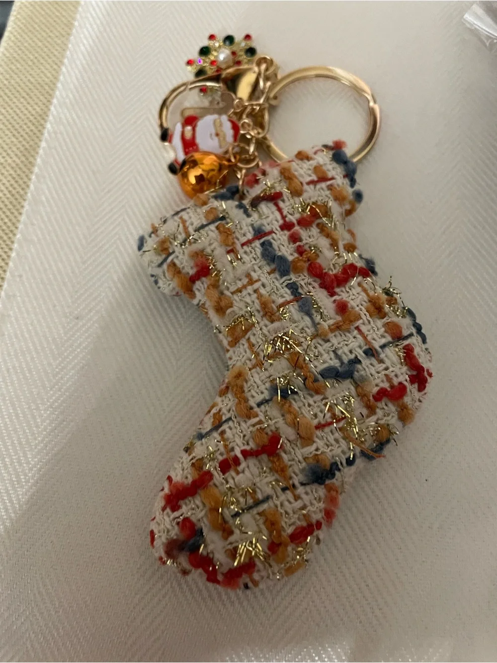 Tweed Christmas Stocking Keychain with Festive Charms nwt